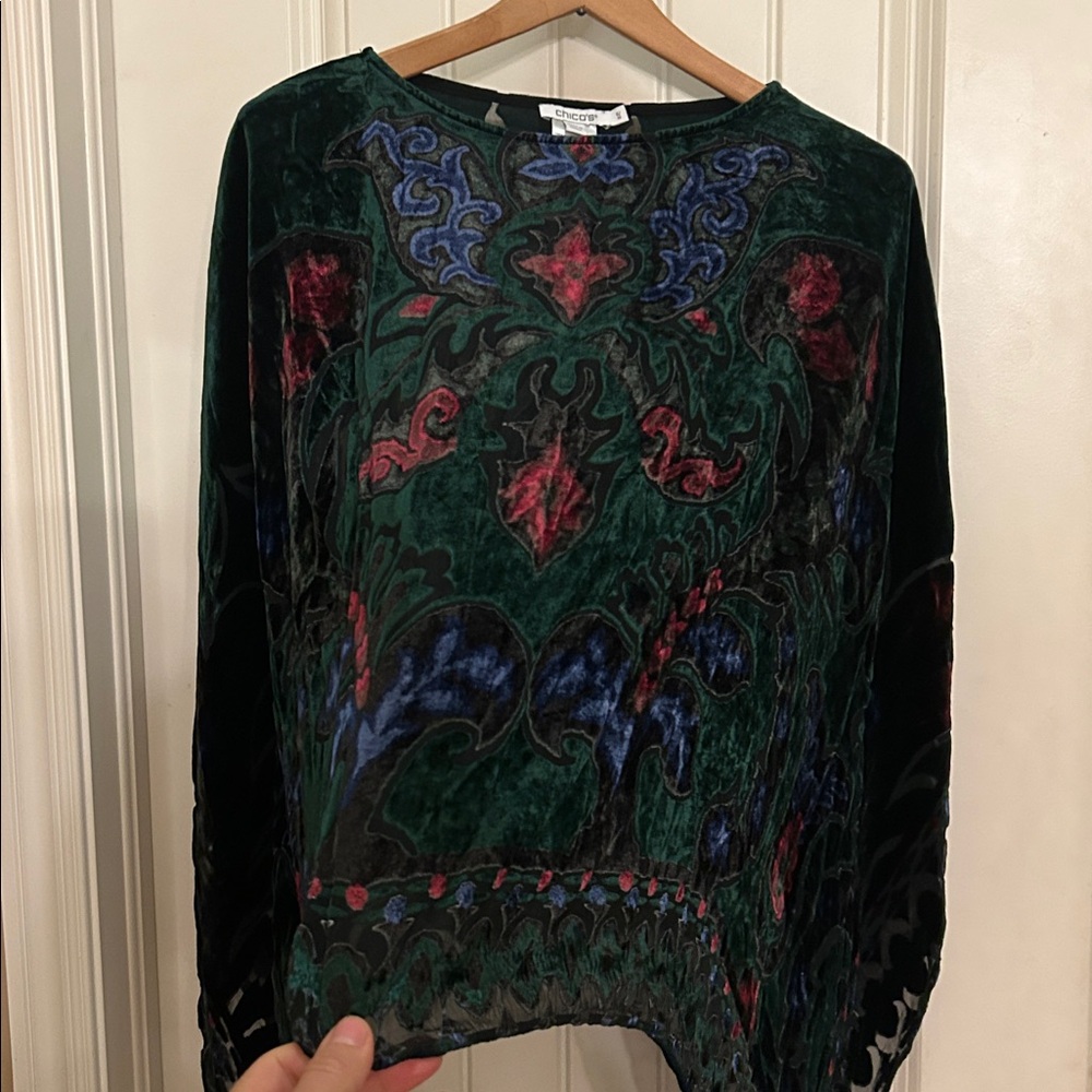 Chico's green ,red, blue  Velvet Top/pancho M